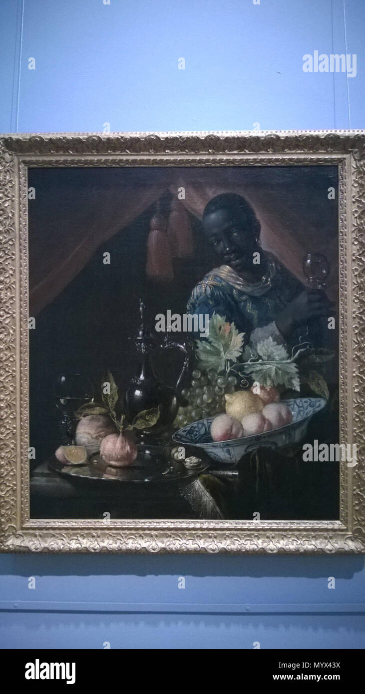 . Englisch: Foto von Still life Malerei in dem Frans Hals Museum in der Ausstellung eine globale Tabelle'. Stillleben mit Pfirsichen, eine Zitrone, und ein Schwarzer Diener. 1670 s 111 eine globale Tabelle - Stillleben in das Frans Hals Museum Dezember 2017 01. Stockfoto