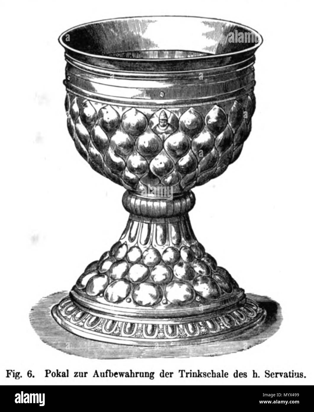 . Englisch: Holzschnitt Illustration der silberne Ananas Schale (17.), der durch den Vertrag von Maastricht Silberschmied Peter Van Dijck die sogenannte Tasse Sankt Servatius (nicht dargestellt), beide in der Schatzkammer der Basilika des Hl. Servatius in Maastricht, Niederlande. Eine der 66 Abbildungen in Bock und Willemsen's 1872 Veröffentlichung über die Kirche Schätze von St. Servatius und Unsere Liebe Frau, sowohl im Vertrag von Maastricht. . 1872. unknow artist, vor 1872 5 Bock&amp; Willemsen, Maestricht (1872), 06. Stockfoto