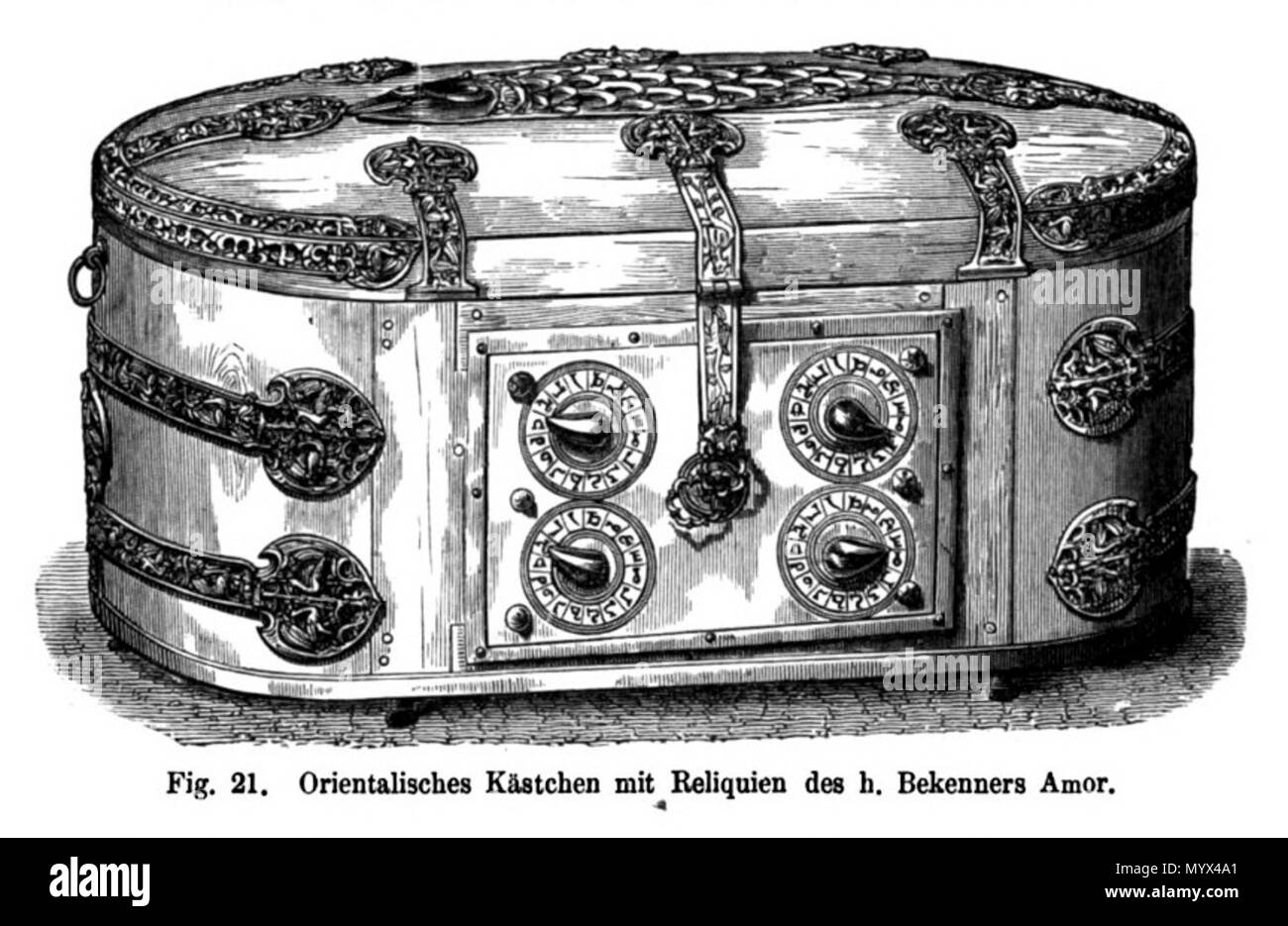 . Englisch: Holzschnitt illustriert eine Elfenbein Reliquiar mit Bronze eingerichtet und mit einem Zahlenschloss (Sizilien? Mit den arabischen Einfluss, 13. c.) in der Schatzkammer der Basilika des Hl. Servatius in Maastricht, Niederlande. Eine der 66 Abbildungen in Bock und Willemsen's 1872 Veröffentlichung über die Kirche Schätze von St. Servatius und Unsere Liebe Frau, sowohl im Vertrag von Maastricht. . 1872. unknow artist, vor 1872 5 Bock&amp; Willemsen, Maestricht (1872) 21. Stockfoto