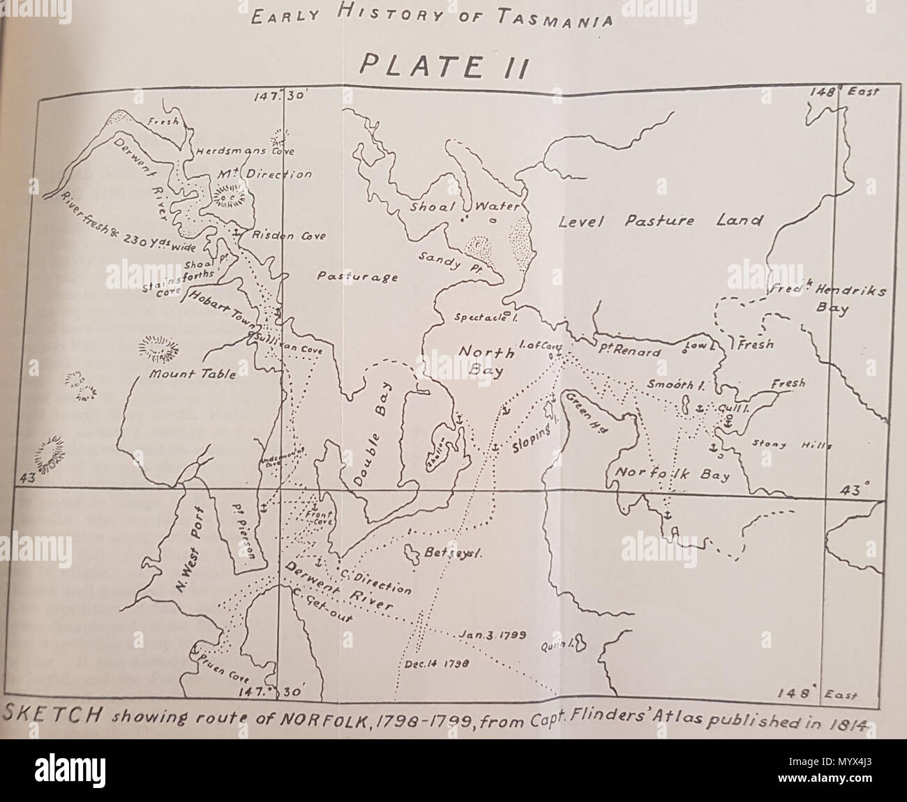 . Englisch: eine Skizze von Kapitän Flinder Reise durch Norfolk Bay, Tasmania 1814. 1939. Giblin, R. W. (Ronald würdig) 27 frühe Geschichte von Tasmanien (Flinders Karte von Norfolk Bay) Stockfoto