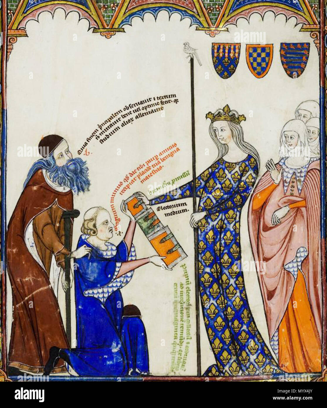 . Français: Jeanne II de Bourgogne (à Droite), Comtesse de Bourgogne, reine de France et de Navarre (épouse de Philippe V de le Lange, Roi de France), reçoit de Thomas Le Myésier (au Centre, à genoux) ses Trois traités [abrégés de l'oeuvre de Lulle], en présence de Raymond Lulle (à gauche, debout derrière Le Myésier) Enluminure tirée Du'electorium parvum seu Breviculum' de Thomas le Myésier, Karlsruhe, Badische Landesbibliothek, St. Peter Perg. 92, fol. 12 r Englisch: Ramon Llull (links), mit seinem Schüler Thomas le Myesier (Mitte, kniend), präsentiert drei Anthologien (Zusammenstellungen von LULL's Stockfoto