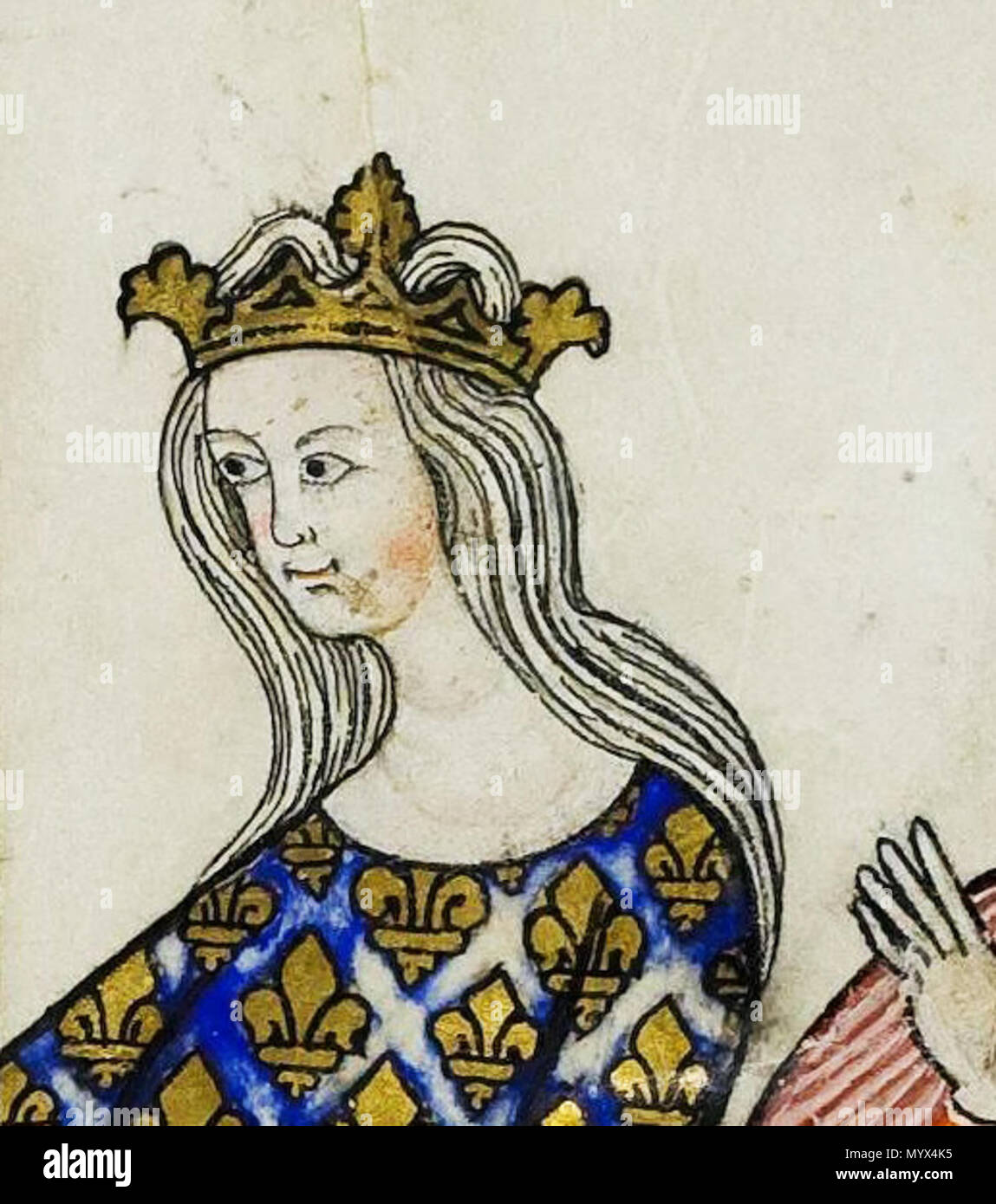 . Français: Jeanne II de Bourgogne, Comtesse de Bourgogne, reine de France et de Navarre (épouse de Philippe V de le Lange, Roi de France). Détail d'une enluminure tirée Du'electorium parvum seu Breviculum' de Thomas le Myésier, Karlsruhe, Badische Landesbibliothek, St. Peter Perg. 92, fol. 12 r Englisch: Joan II, Gräfin von Burgund, Königin von Frankreich und Navarra, (Frau von König Philipp V. von Frankreich). Miniatur (Detail) von 'electorium parvum seu Breviculum" von Thomas le Myésier, Karlsruhe, Badische Landesbibliothek, St. Peter Perg. 92, fol. 12 r. ca. 1325. Unbekannte frühe 14. Jahrhundert, Künstler, m Stockfoto