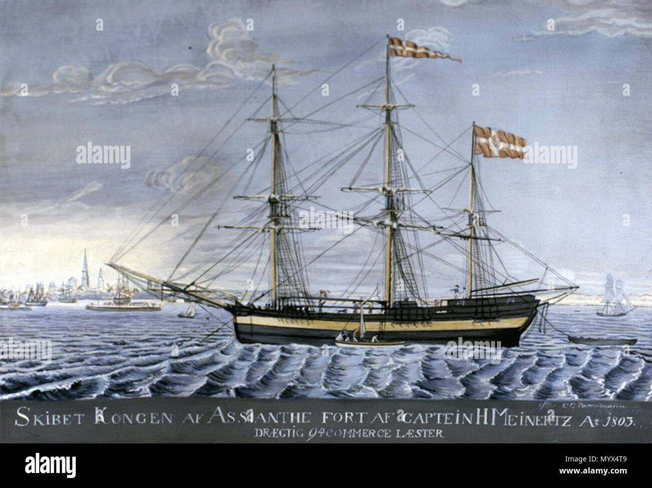 . Deutsch: Das Schiff Kongen af Assianthe zu Reden in Kopenhagen, Dänemark. Es wurde von Jeppe Praetorius und sein Kapitän war H. Meinertz besessen. 1803. C.C.Parnemann 59 Kongen af Assianthe 1803 Stockfoto