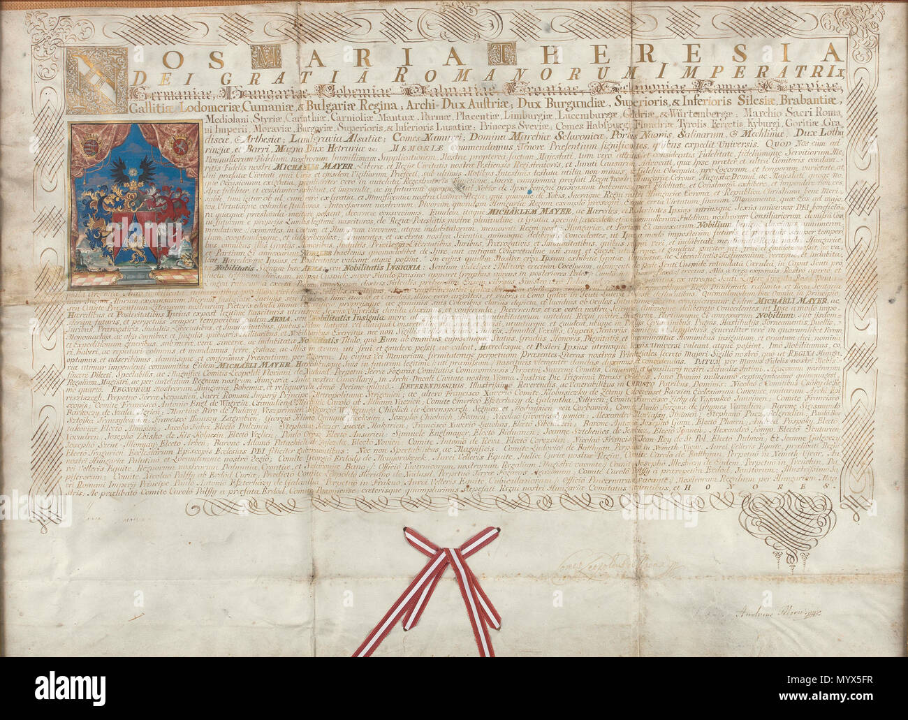 . English: Adelsdiplom für Michael Mayer, Registrator" und Präfekt der Wachen in Pest; Wien, 30. Oktober 1754, mit eigenhändiger Unterschrift der Kaiserin Maria Theresia, Pergamenturkunde, Ca. 60 x 80 cm. 1754. Unbekannt 267 Adelsdiplom Michael Mayer 1754 Stockfoto