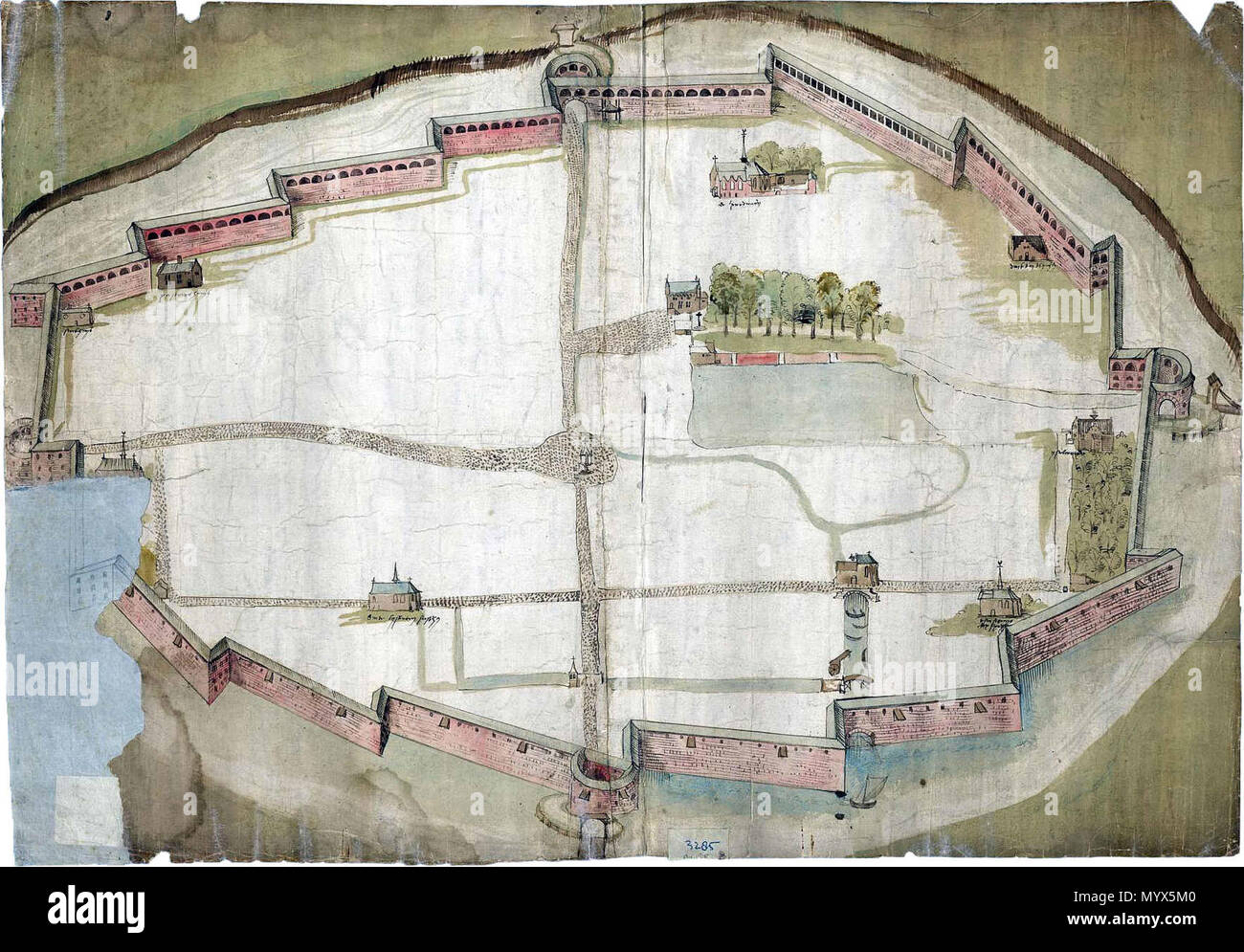. Nederlands: Kaart uit 1530 met daarop de geplande Maar nooit uitgevoerde ommuring van Den Haag. Variante. Englisch: Karte von 1530 zeigt die geplanten aber nie ausgeführt Mauern aus Den Haag, Niederlande. Alternativen Plan. . 1530. Unbekannt 1 1530 stadsmuren Kaart voor Den Haag, Variante met Stockfoto