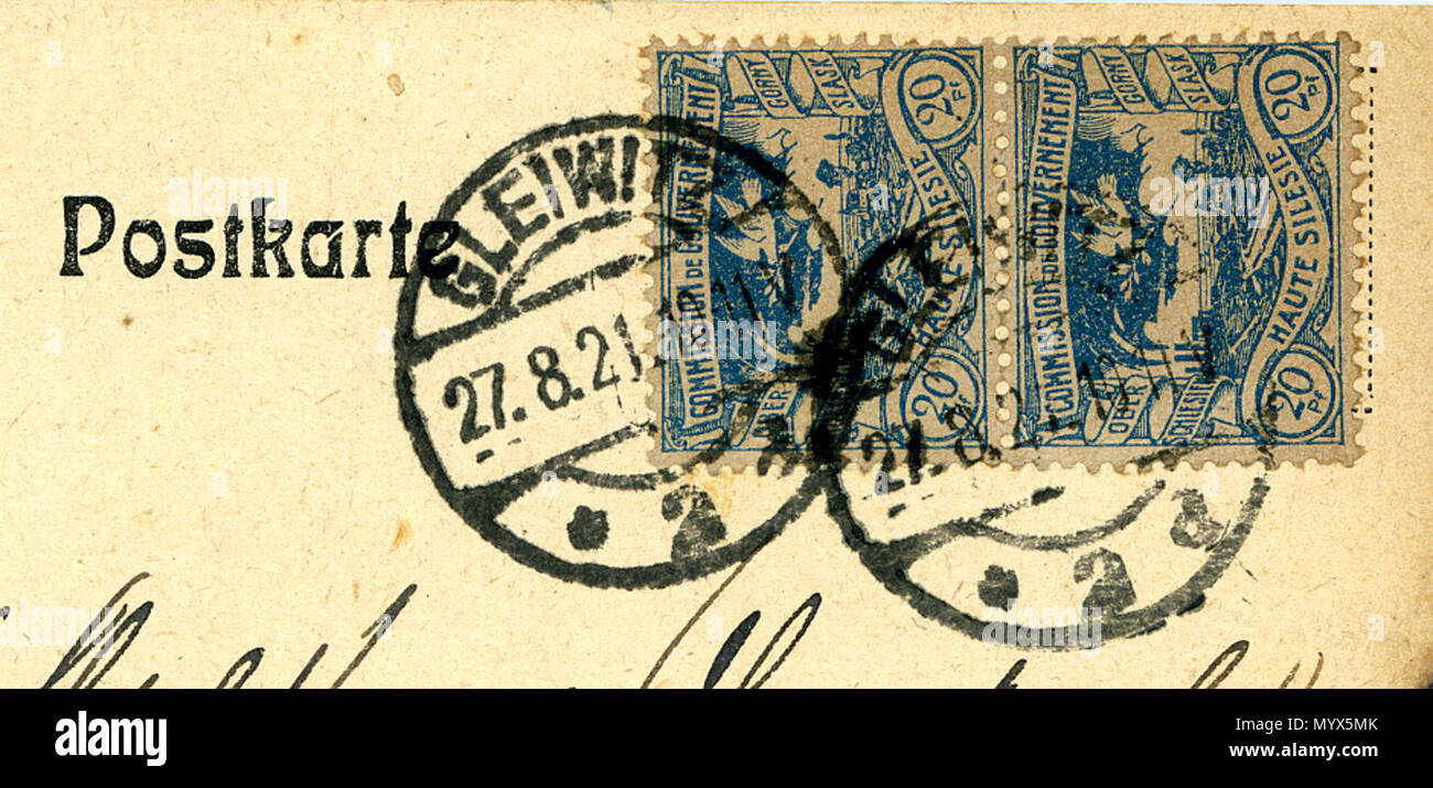 . Englisch: Briefmarken Oberschlesien, Paar von 20 Pfg auf eine Postkarte, in GLEIWITZ am 27. August 1921 aufgehoben. . 14 August 2013, 22:36:55. 1 1921 Jacquesverlaeken UpperSilesia 20 Pfg Gleiwitz Gliwice, Polen Stockfoto