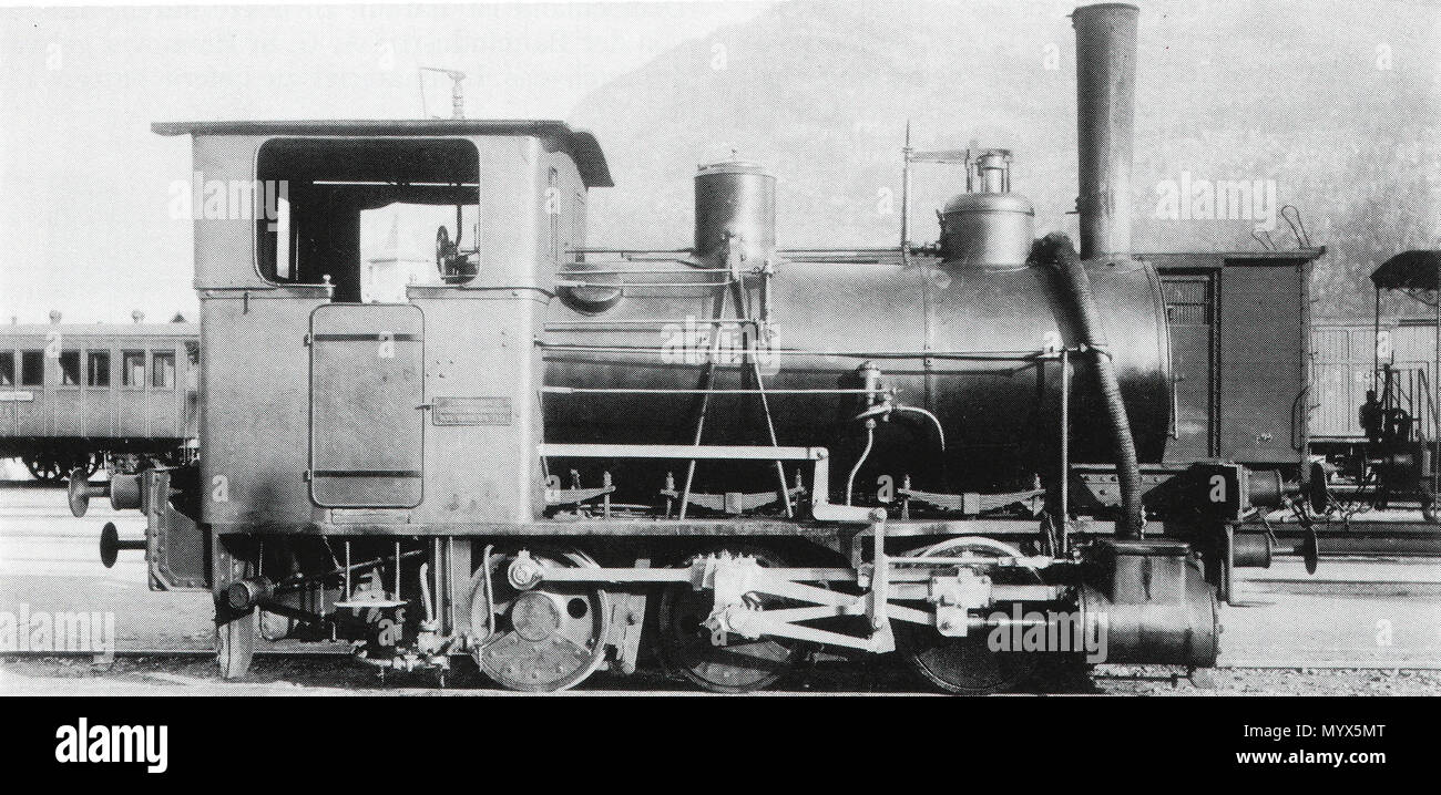 . English: Tender-Locomotive ich (ab 1887 E3, ab 1902 E 3/3) Nr.1 (ab 1893 Nr. 11), Arth - Rigi-Thalbahn, gebaut 1874 Inn der schweizerischen Locomotiv-und Machines-Fabrique zů Winterthur (Fabrikationsnr.-Nr. 38), 1902 mit neuem Keſſel ausgestattet, 1907 von der Thunerſeebahn als Ed 3/3 Nr. 73 übernommen, 1913 ein sterben Bern - Lötſchberg-Simplon-Bahn, 1931 ans Gaswerck zů Baſel, 1934 ans Eiſenwerck zů Gerlafingen, 1946 Umbau inn Motorlocomotive Nr. 4, Abbruchjahr unbek. . Zwischen 1873 und 1908. Unbekannt 1 1 E 3 ARTi Stockfoto