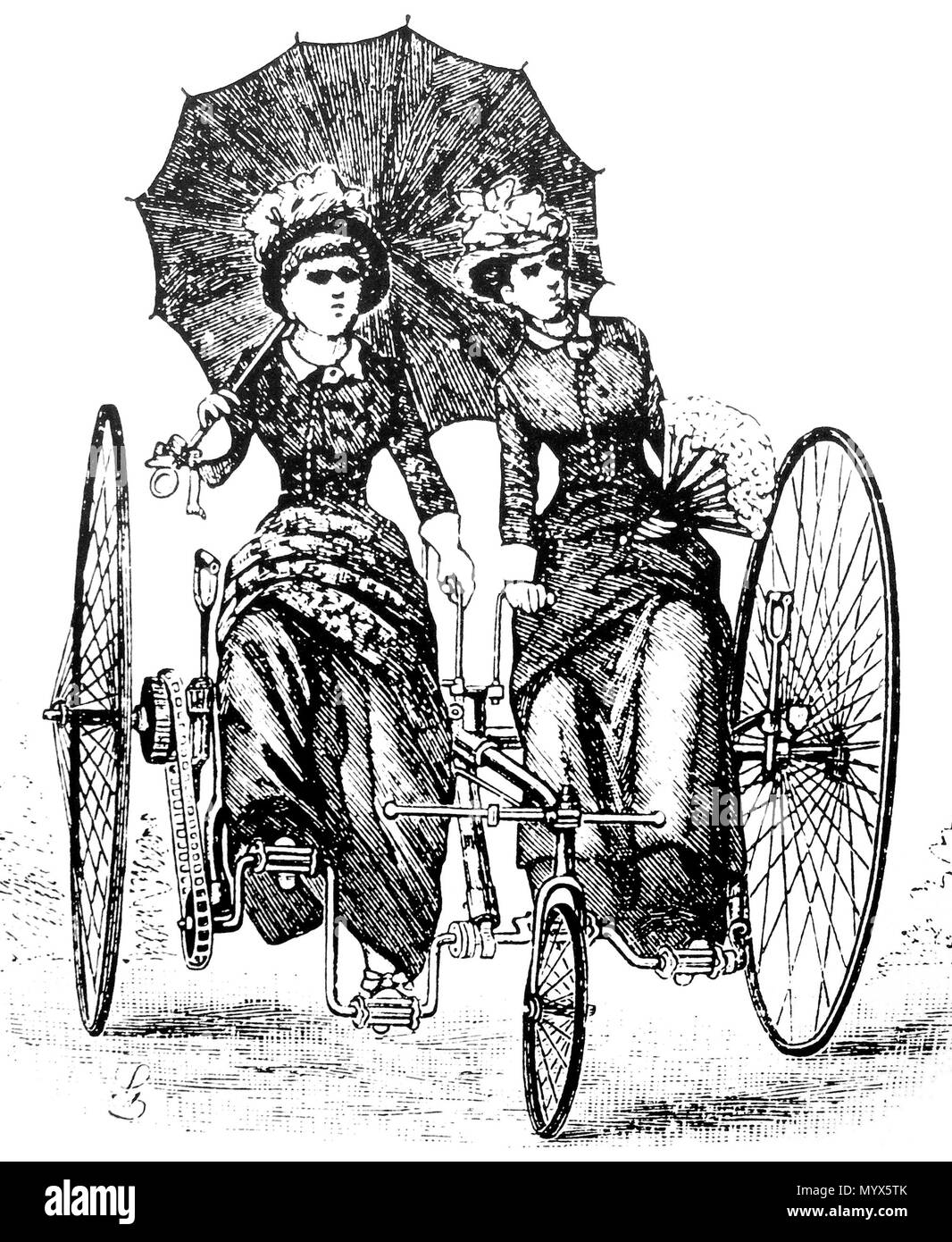 . English: Ausfahrt im Kontaktfreudig (Dreirad für zwei Personen), Stich um 1886 - Exponat im Deutschen Museum Verkehrszentrum München Deutsch: Abbildung: tandem Dreirad, Ca. 1886, der angibt, wie Radfahren der Frauen wurde dann mit sich träge modische Freizeitaktivitäten gehören, anstatt mit sportlichkeit oder praktischen Transport. Siehe auch Datei: Fahrradfahren - ca 1887 - bigwheelers.jpg Für eine andere Abbildung: Radfahren von Frauen aus dieser Zeit, oder die Datei: Ellimans-Universal - Embrocation-Slough-1897-Ad.png, um zu sehen, wie sorgfältig Radfahren von Frauen in den nächsten zehn Jahren verändert. . Ca. 1886. Unbekannt 2 Ausfahrt im So Stockfoto