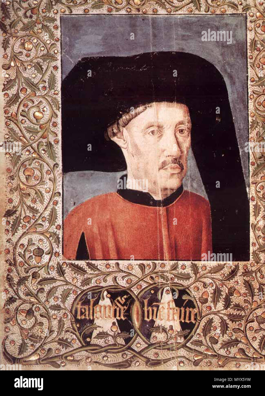 . Englisch: Porträt angenommen, dass der portugiesische Prinz Heinrich der Seefahrer (Infante D.Henrique), als Frontispiz in einer Auflage von 15 C. Gomes Eanes de Zurara's 1453 Buch dos Feitos Crónicas de Guiné eingefügt werden. . Buch ist von 1453; Hochformat, konnte wenig später.. Unbekannt 2 Heinrich der Seefahrer (cronicas) Stockfoto