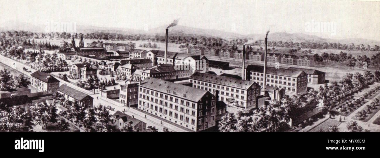 . English: Ansicht der Aktiengesellschaft für Buntpapier und Leimfakrikation Aschaffenburg / einer Lavierten Federzeichnung, um 1884. ca. 1884. Unbekannt 1 Federzeichnung Buntpapierfabrik AG (um 1884) Stockfoto