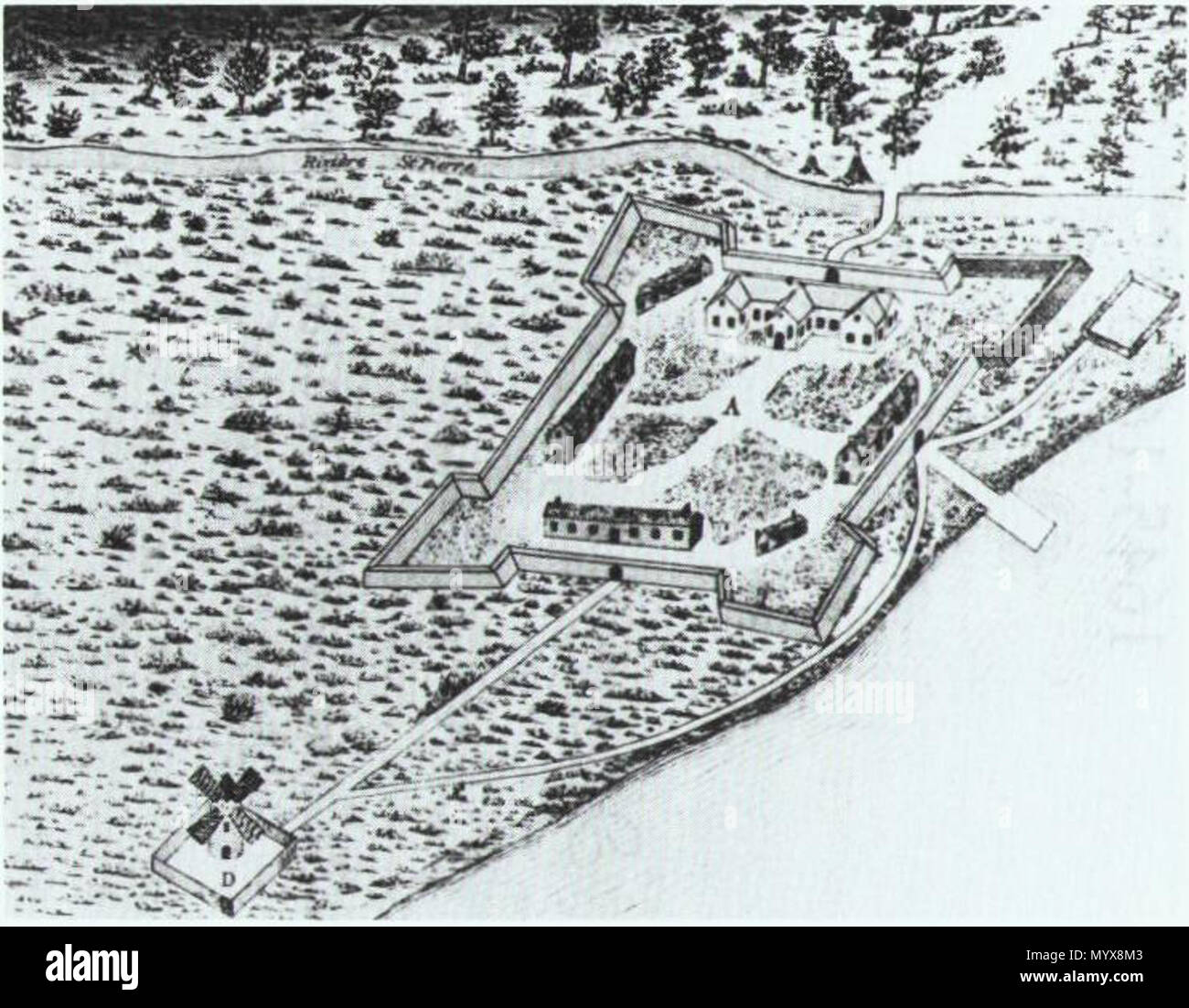 . Englisch: Fort von ville-marie (Montreal) 1645 Français: Fort Ville-Marie, Montréal, 1645. 1884, 1645. Pierre-Louis Morin 2 Fort Montreal 1645 Stockfoto