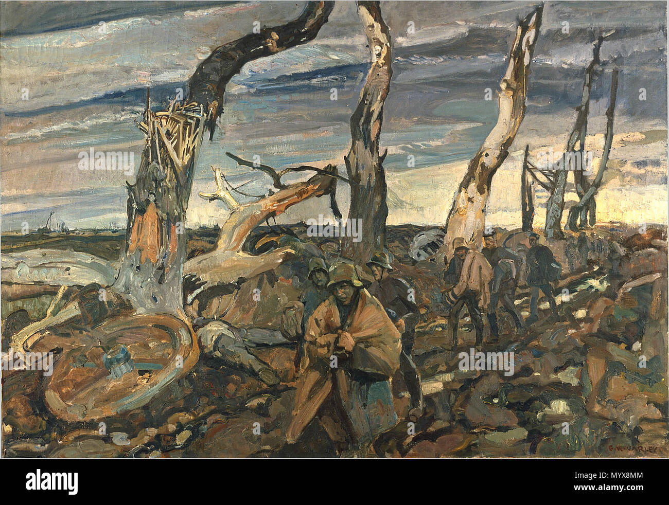 . Englisch: Als offizieller Canadian war Artist, Frederick Varley, eine Zukunft, die Mitglied der Gruppe der Sieben, viele Szenen an der Westfront gemalt. Hier, deutsche Kriegsgefangene Spaziergang entlang einer felsigen Straße vorbei an Reihen von toten Bäumen, Fremdkörper, und Einrichtungen. Varley gefunden Schlamm ein Problem, während an der Front arbeiten im Herbst 1918. Deutsche Flugzeuge flogen Overhead und es gab gelegentliche Beschuss um seinen Bereich. Am 16. September schrieb er an seine Frau: "Ich habe gerade eine Leinwand von einem Gegenstand - die Details in spasms gesammelt wurden abgebildet. Alle meine Noten bis in die Gegenwart sind die geringste - keine Gemälde - konnte nicht Stockfoto