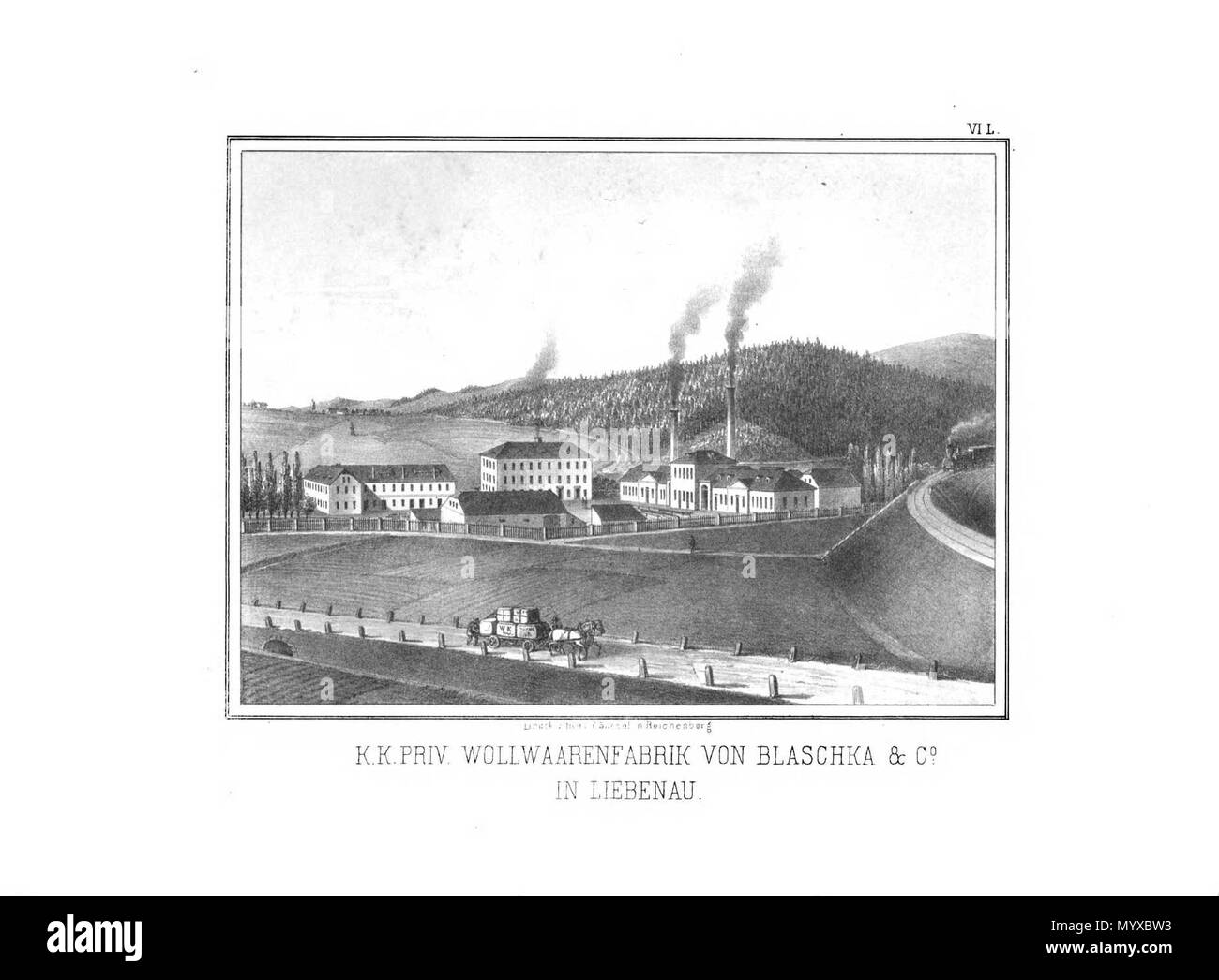 . Čeština: Anschiringer, Anton. Album der Industrie des Reichenberger Handelskammer-Bezirks I. Reichenberg, Jannasch, 1858. Továrnu Pohled na na zboží vlněné Blaschka ein spol. "K. K. priv. Wollwaarenfabrik von Blaschka und Co. in Liebenau". . 1858. Anonym, Anton Anschiringer (Hrsg.) 8 Album der Industrie des Reichenberger Handelskammer-Bezirks - Blaschka in Liebenau Stockfoto