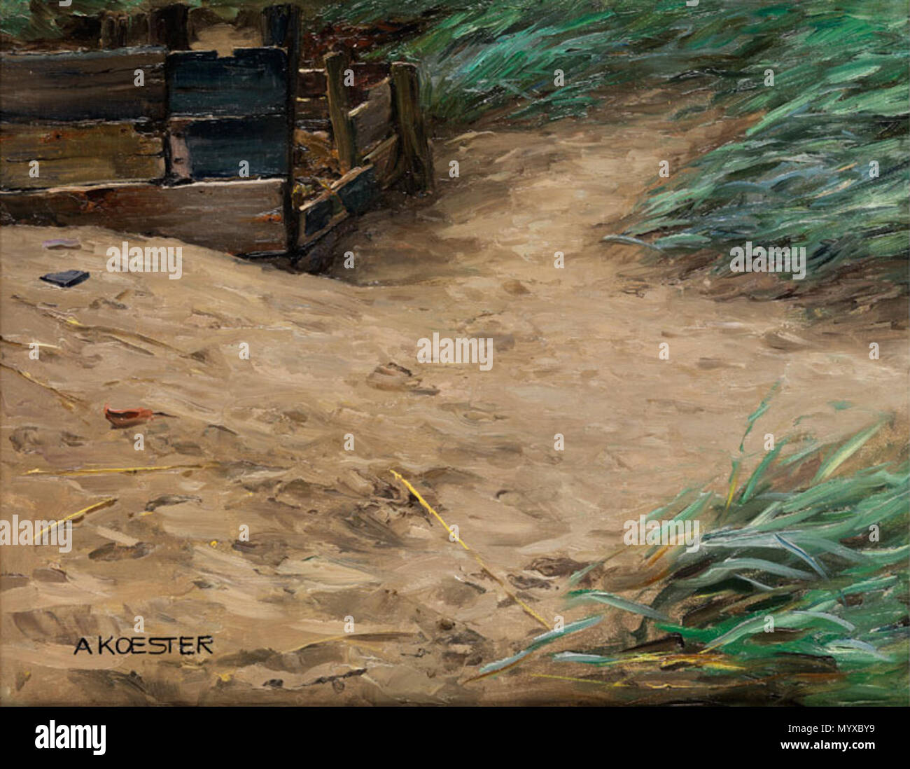 8 Alexander Koester Holzgatter bin Sandhügel mit Schilfgras Stockfoto