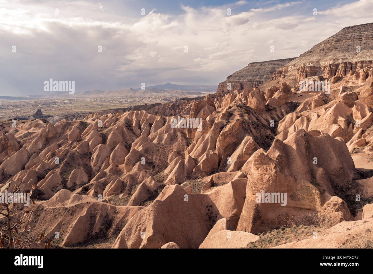 Eine riesige Landschaft der einzigartigen Felsformationen in Kappadokien, Türkei, getaucht in sanftes Sonnenlicht, geologische Wunder, Reisen, Naturwunder, Abenteuer Stockfoto