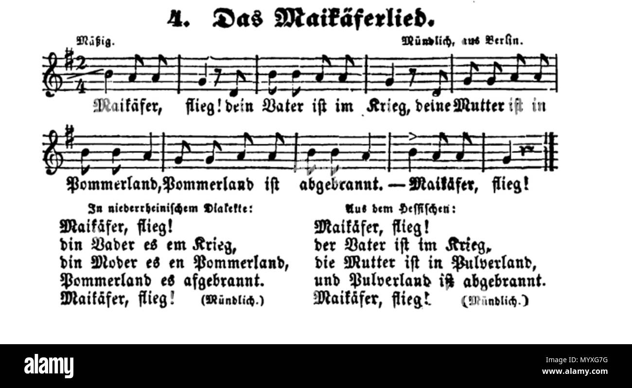 . Englisch: eine Version des Songs mit seiner Melodie, die von L. Erk veröffentlicht in seiner 'Die deutschen Volkslieder" (Berlin, 1838). 25 Das Maikaeferlied (Die deutschen Volkslieder, Erk, Irmer, 1839) Stockfoto