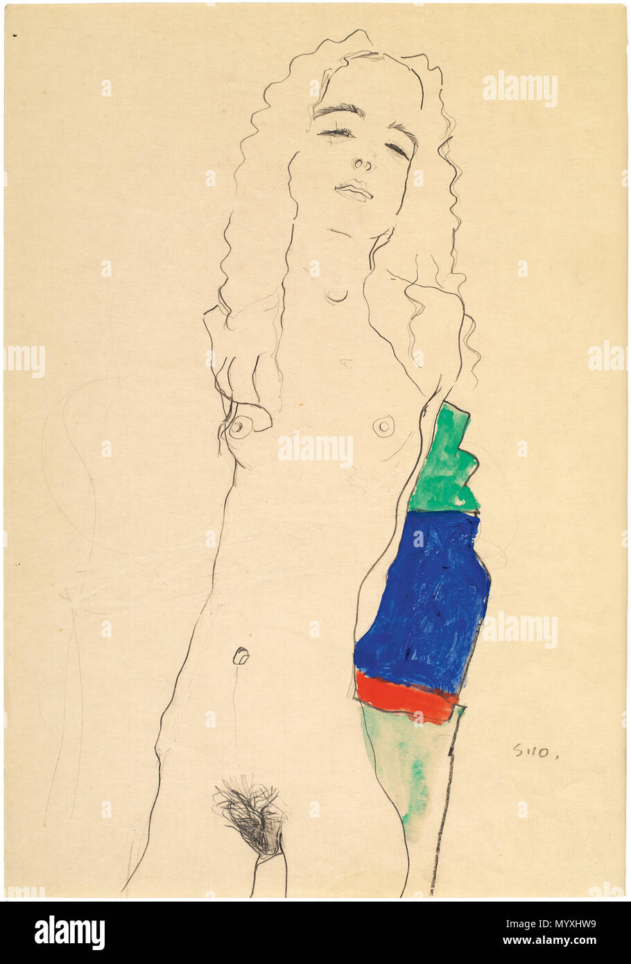 . Stehender weiblicher Akt. Aquarell über Bleistiftzeichnung. 1910. 1910. Egon Schiele (1890 - 1918); Alternative Namen Schiele schiele Egon; e. schiele Beschreibung österreichische Maler, Kupferstecher, Zeichner und Künstler Geburtsdatum / Tod 12 Juni 1890 vom 31. Oktober 1918 Ort der Geburt / Todes Tulln an der Donau in der Nähe von Wien Wien Standort Wien Behörde: Q 44032 VIAF:?:? ISNI 41850463 0000 0001 2095 9938 ULAN:?? n 500002633 LCCN: 50016083 NLA:? 35480064 WorldCat 29 Egon Schiele Stehender weiblicher Akt Stockfoto