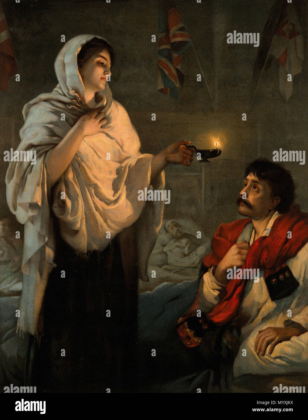 . Thema - LCSH: Krimkrieg, 1853 - 1856. Militärische Krankenpflege. Patienten. Krankenschwestern. Lampen. Die Betreuung der Kranken. Krimkrieg, 1853 - 1856 - Frauen. Freundlichkeit. Krieg - Entlastung von Kranken und Verwundeten. Genre/Technik: Chromolithographs. Ausdrucke von Porträtfotos. Betreff Name: Nightingale, Florence, 1820 - 1910. Englisch: Krimkrieg: Florence Nightingale mit Ihrer Lampe am Bett des Patienten. Farbige Lithografie nach H. Rae. Español: La Guerra de Krim. Florence Nightingale y su lámpara Atendiendo ein un-Paciente en su Cama. Reproducción de litografía en colores de una pintura de Henrietta Rae titulada Miss Nightingale an SCU- Stockfoto