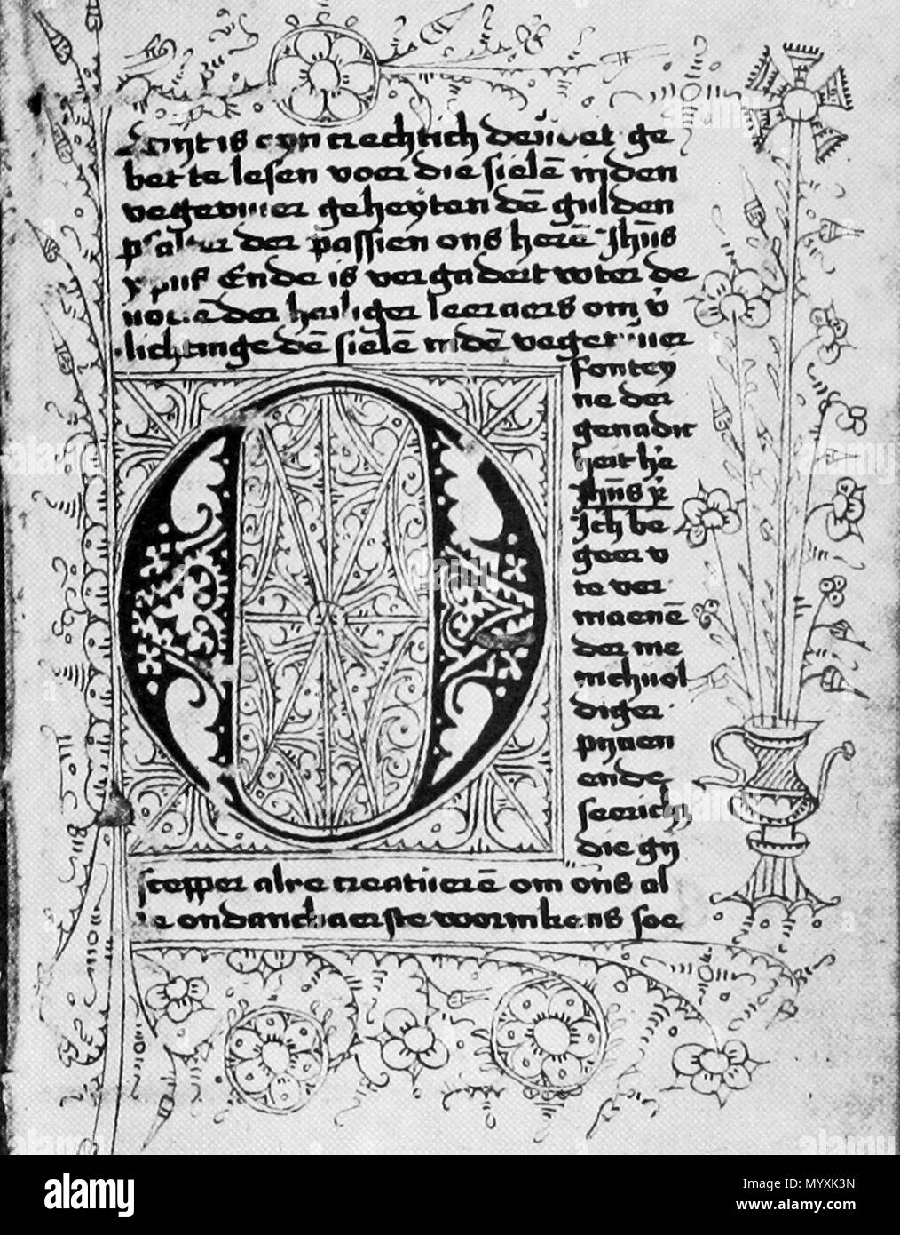 . Englisch: Seite aus einem Gebetbuch (c 1515?) Von einem unbekannten Schreiber aus Sint-Andriesklooster (St Andrew's Kloster) in Maastricht, Niederlande (Maastricht Stadtarchiv/Centre Céramique, ms. 462). Das Manuskript wurde vermutlich im Besitz von seinem Schreiber (persönliche Notizen in der gleichen Hand on the fly Leaf). . 25 Mai 2007, 10:42:59. Unbekannter Schreiber von St Andrew's Kloster in Maastricht, c 1515? 9 Gebedenboek St-Andriesklooster Maastricht, ca 1515 (stadsarchief) Stockfoto