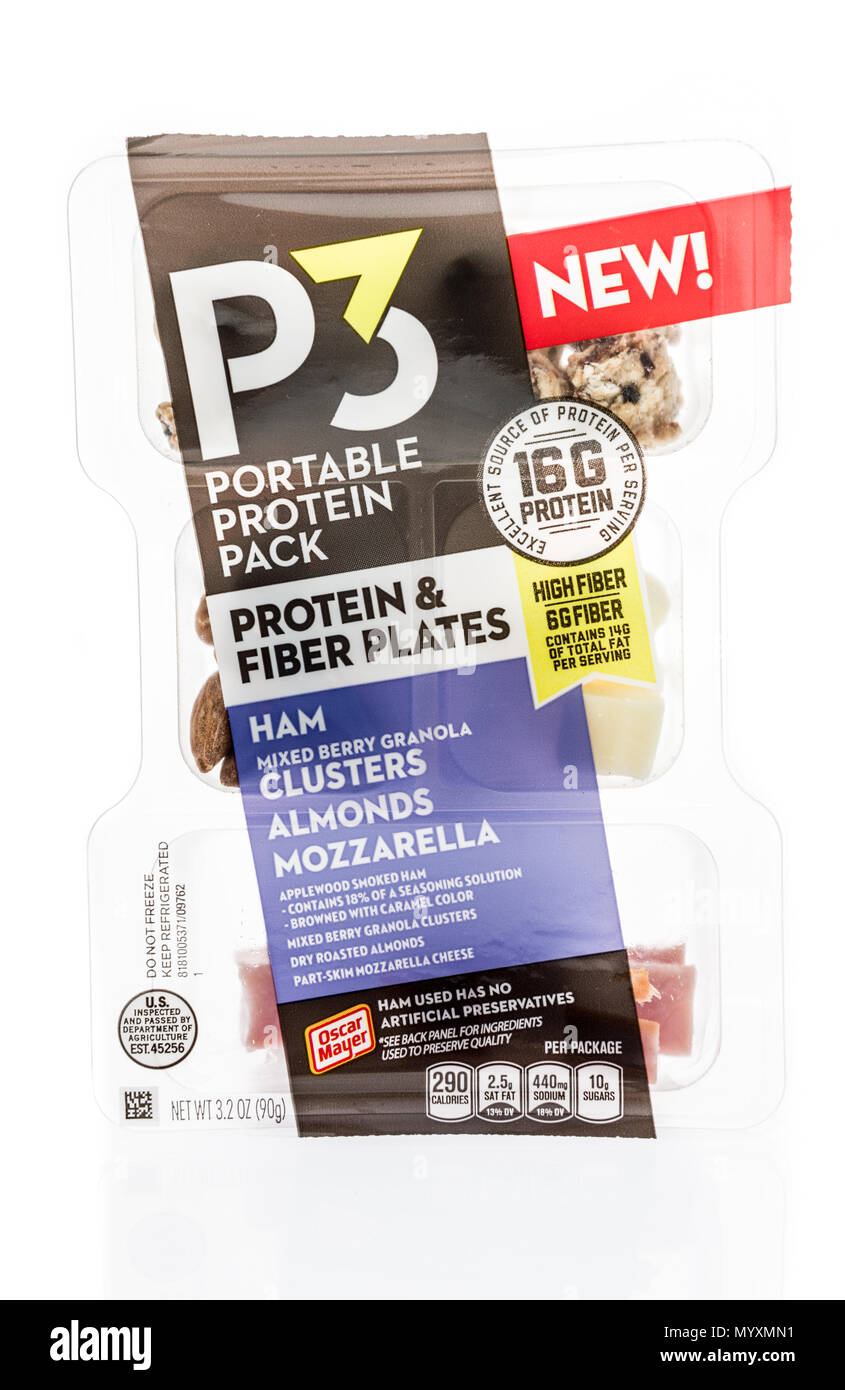 Winneconne - 1. Juni 2018: ein Paket von P3 portable Protein Pack mit Schinken, Mandeln, gemischte Beeren Müsli Cluster und Mozzarella auf einem isolierten b Stockfoto