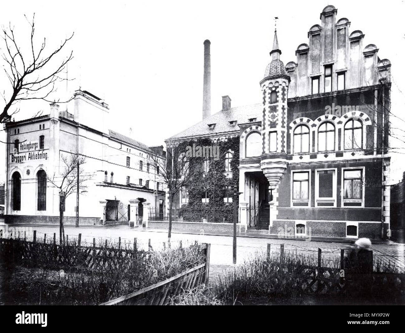 . Svenska: Helsingborgs bryggeri, Fotografi från 1921. . 1921. Carl Bagge (Reproduktion) 45 Helsingborgs bryggeri 1921 Stockfoto