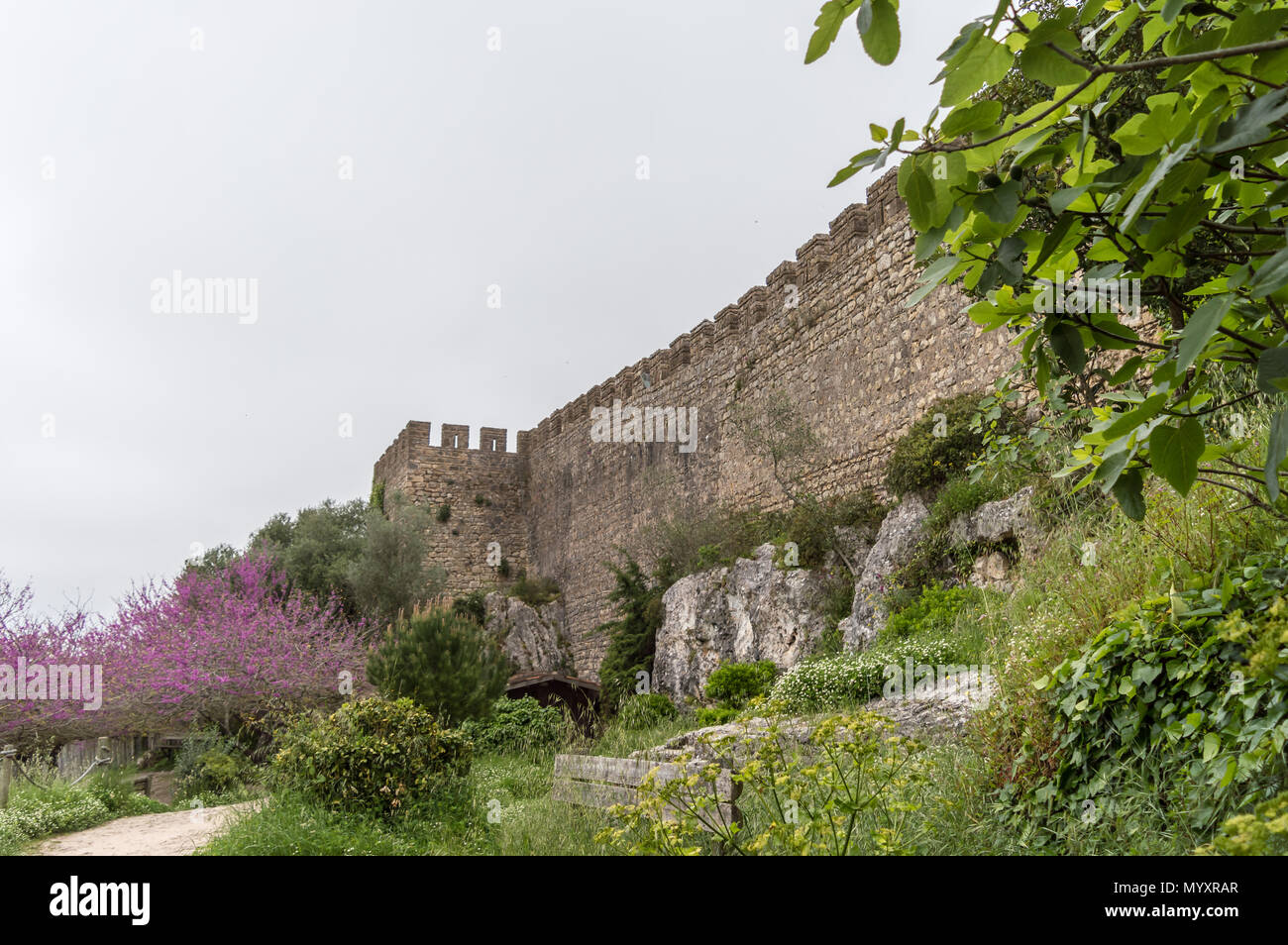Die große Mauer, die sie umgibt die Stadt Óbidos (Portugal) von außen gesehen Stockfoto