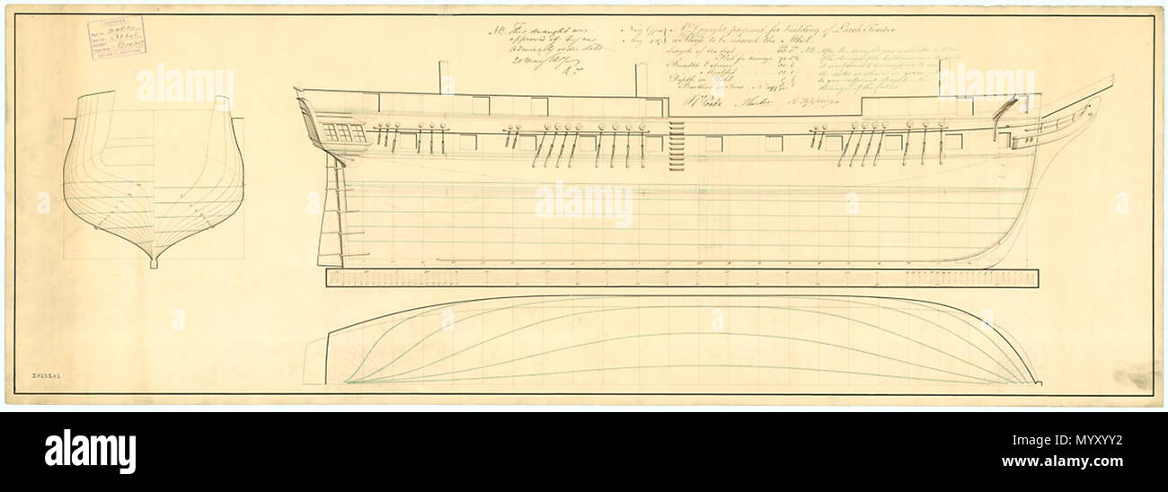 . Englisch: Baltimore (1820) Maßstab 1:48. Die Körper planen, transparente Linien mit Anpassungen an die Decks längs Halbe Breite vorgeschlagen und für Baltimore (1820), eine 28-Pistole, 6. Rate Schaluppe, bei Lärche gebaut werden genehmigt. Siehe ZAZ 3213 für den korrigierten planen. Unterzeichnet Henry Peake, Joseph Turner, Robert Seppings (Geometer der Marine) Beschriftung oben in Grün:' N.B. Nach diesem Entwurf eines Plans für die Verstauung der halten gebaut wurde, und es war notwendig, die Decks wie sshown in grüner Farbe mit ausreichend Platz zum Verstauen der Kabel zu heben." ATHOLL 1820. Mai 1. Stockfoto