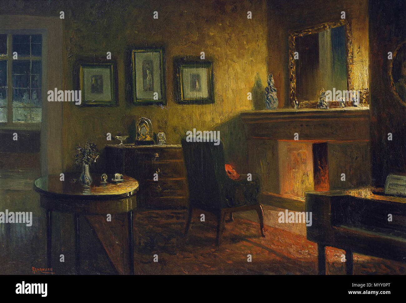 . English: Berliner Salon mit Kaminfeuer. von 1923. Paul Gehrmann (1861 - 1923) Beschreibung Deutsche Maler Paul Gehrmann. (1861-1923) ist ein deutscher Maler und bildender Künstler für seine Ölgemälde und Innenraum Szenen bekannt. Gehrmann wurde 1861 in Berlin geboren?, Deutschland. Die meisten seiner Arbeit ist, Öl auf Leinwand, und er ist für seine Innenraum Szenen erkennbar durch einen prominenten Welle von Licht von einem externen Fenster oder Tür Szene betrachtet, seine "Unbathed Interior Scenes'. Während wenig über Gehrmann, bekannt einige ihn als Mitglied des 19. Jahrhunderts die Deutschen Co Stockfoto