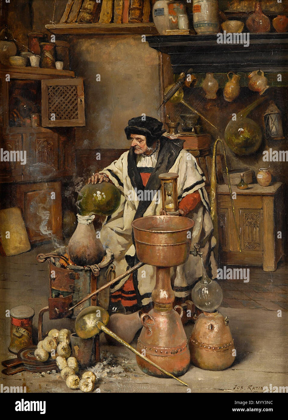 . Der Alchemist. Signiert. Öl auf Holz, 36 x 27 cm von 1937. Joseph Leopold Ratinckx (1860 - 1937) 56 Joseph Leopold Ratinckx der Alchemist Stockfoto