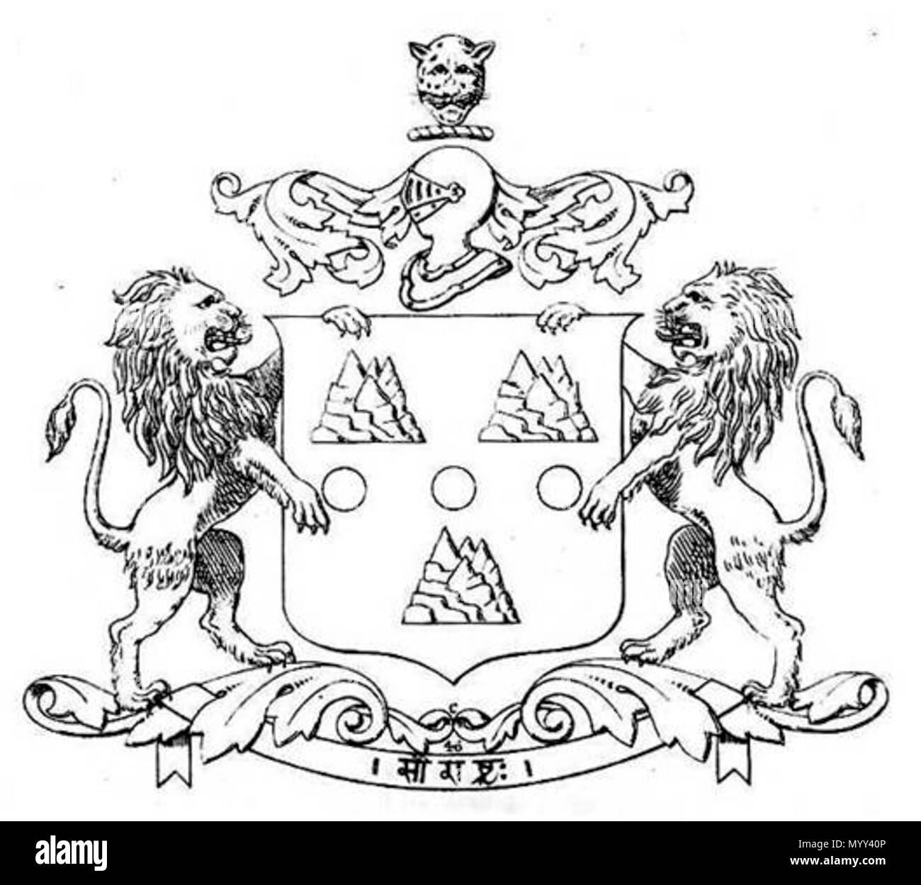 . Englisch: Wappen von Junagadh, Nawab von... Arme: Vert, drei besants in fess zwischen drei Hügeln 2 & 1. Crest: Auf einen Helm zu der Dexter, lambrequined Vert und Oder, um einen Leoparden. Unterstützer: Zwei Löwen zügellos Argent. Motto: Saurashtra. Vor 1947. w: en: junagadh Zustand 56 Junagadh CoA Stockfoto