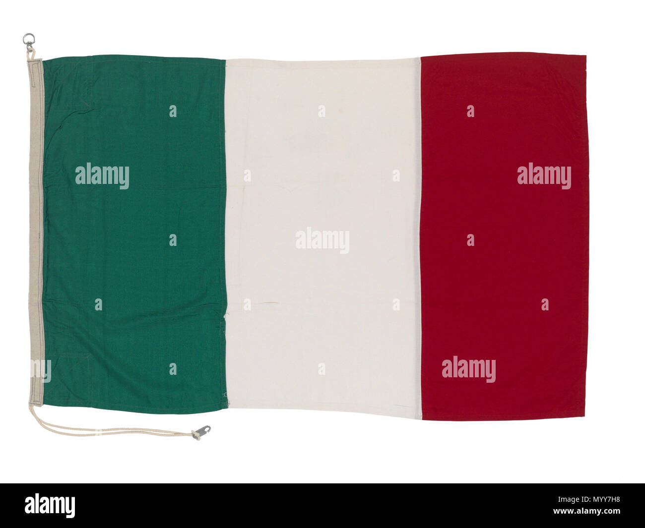 . Englisch: Nationalflagge von Italien (nach 1946) Post 1946 italienische Nationalflagge aus synthetischen Fasern bunting mit Baumwolle und Leinen Mischung Hoist. Die Flagge ist Maschine genäht mit einem Seil und zwei Aluminium Klammern befestigt. Es hat drei vertikale Streifen in Grün, Weiß und Rot. Nationalflagge von Italien (nach 1946). Nach 1946. Rudolph Equitz&Co 73 nationale Flagge von Italien (nach 1946) RMG-L 0134 Stockfoto