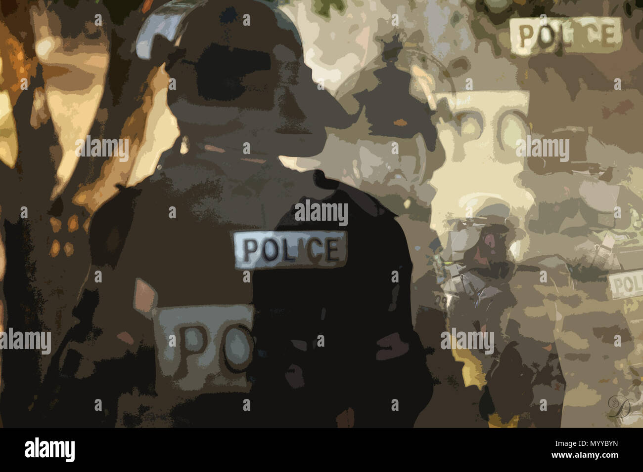 Abstrakte Kunst der Polizei in Kampfausrüstung. Aus Po zu Polizei und aus der Nähe zu weit entfernt. Wahre Helden. Der dünne blaue Linie. Dieses Kunstwerk ist einzigartig. Stockfoto