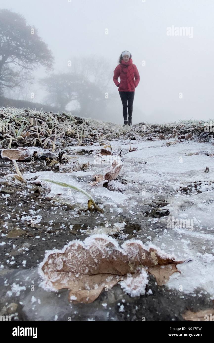 Wetter im Vereinigten Königreich: Raich Keene hat sich auf einem eisigen Morgenspaziergang in Dunsford in Devon, Großbritannien, warm eingewickelt. 11. Dezember 2022. Credit nidpor/Alamy Live News Credit: Nidpor/StockimoNews/Alamy Live News Stockfoto