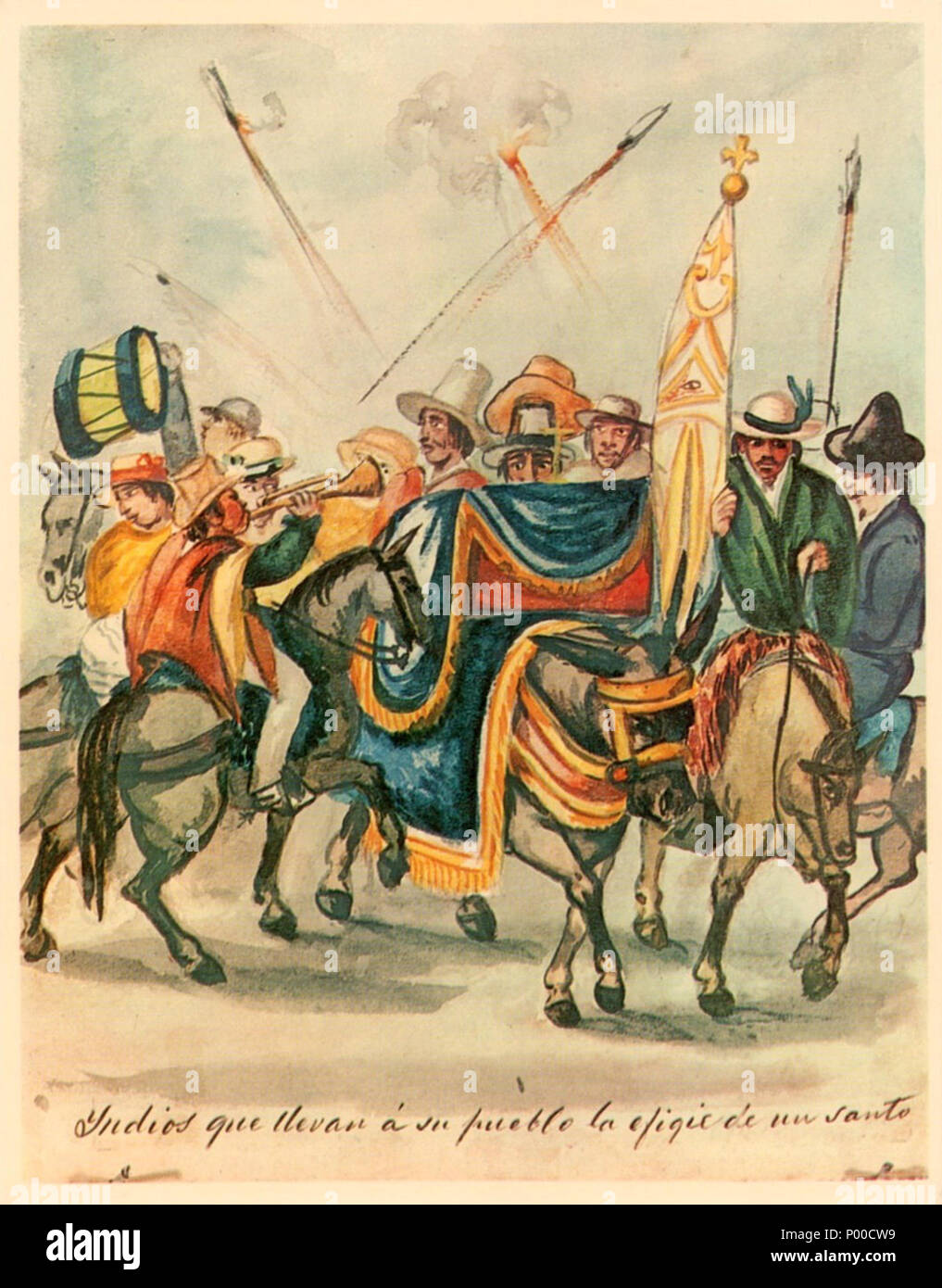 50 Indios que su Pueblo llevan á la efigie de un Santo Stockfoto
