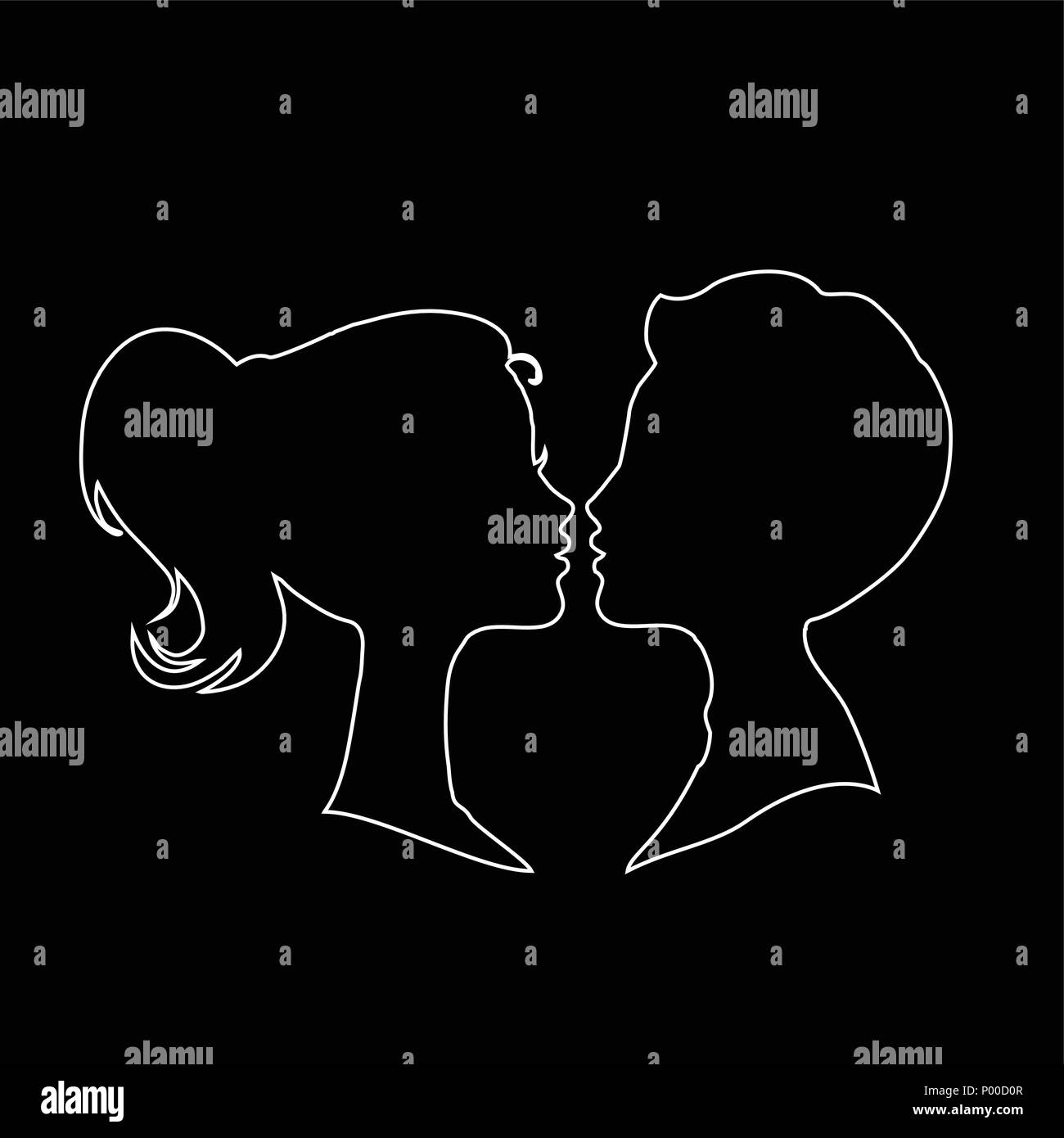 Mann und Frau Kontur outline Silhouetten auf schwarzen Hintergrund. Junge und Mädchen schwarze Gesichter Profile in Vektor. Paar küssen. Design für Hochzeit oder Vale Stock Vektor