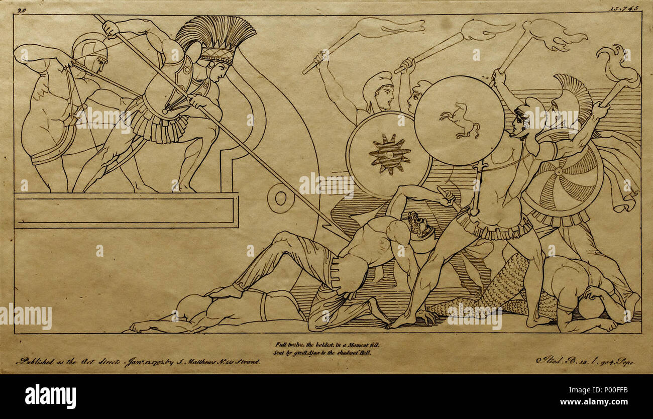 . English: Kupferstich (1795) von Tommaso Piroli (1752 - 1824) nach einer Zeichnung (1793) von John flaxman (1755 - 1826). . 14. Mai 2008. H.-P.Haack 12 (20) Flaxman Ilias 1795, Zeichnung 1793, 194 x 338 mm Stockfoto