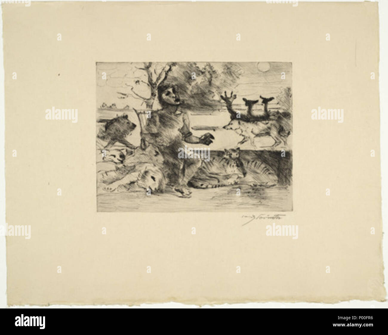 . Teil der klassischen Legenden (Allgemein / Legenden), ein Portfolio von zwölf drypoints, (Variante von Platte 1), Platte: 9 5/8 x 12 1/2" (24,5 x 31,8 cm); Blatt (irreg.): 19 1/2 x 24 3/16" (49,5 x 61,5 cm). Papier: Beige, glatt, Japan gelegt. Herausgeber: Marées-Gesellschaft, R.Piper & Co., München. Drucker: Alfred Ruckenbrod, Berlin. Auflage: 150 (einschließlich Deluxe Edition von 50 auf Japan Papier [dieses ex.] mit zusätzlichen Platte und eine reguläre Ausgabe von 100 auf Bütten handgemacht''). Deutsch: Englisch: Orpheus Orpheus. 1919 65 Lovis Corinth Orpheus 1919 Stockfoto