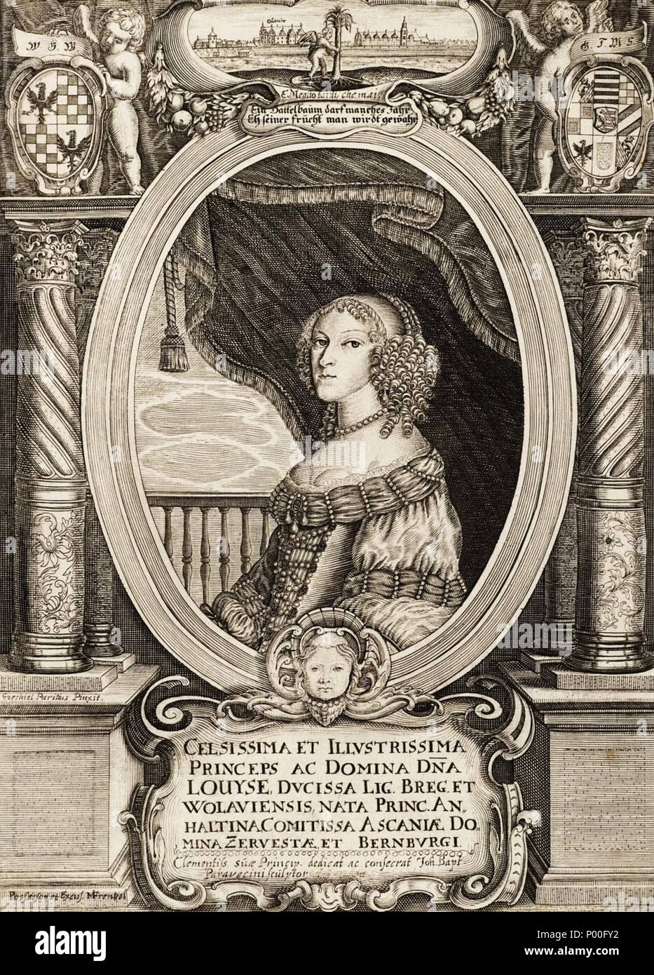 . English: Luise von Anhalt-Dessau (1631-1680), Herzogin von Liegnitz, Brieg und Ohlau und Wohlau Englisch: Louise von Anhalt-Dessau (1631-1680), Herzogin von Legnica-Brzeg-Wohlau - ohlau Polski: Ludwika Anhalcka (1631-1680), regentka księstwa Legnicko - brzeskiego. CELSISSIMA ET ILLUSTRISSIMA PRINCEPS AC DOMINA DNA LOUYSE DUCISSA LIG. BREG. ET WOLAVIENSIS [...]. ca. 1660 66 Ludwika Anhalcka Stockfoto