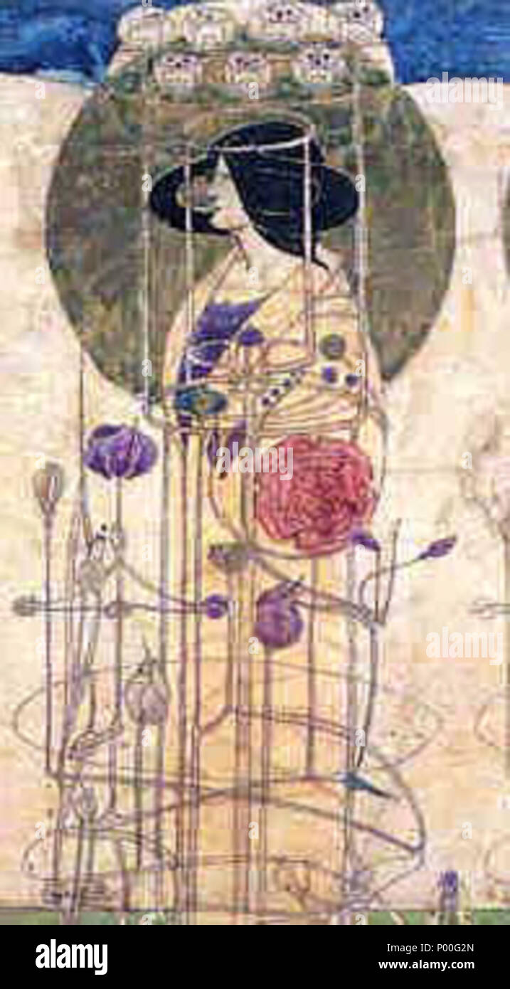 . Englisch: Foto von einem Design für eine Schablone Wandbild Dekoration, Miss Cranstons Teestuben, Buchanan Street. Charles Rennie Mackintosh. Hunterian Art Gallery. In der Public Domain. Quelle [1] für eine höhere Auflösung Bild, Wikimedia Commons Seite sehen. . 20. April 2006 (original Upload Datum). Die ursprünglichen Uploader wurde Kaktus. Mann an der englischen Wikipedia 67 Mackintosh, BuchananTearooms Fries Stockfoto