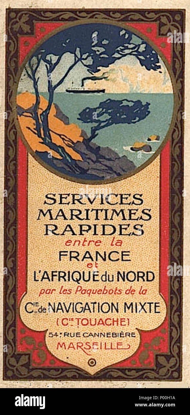 . Englisch: Dienstleistungen maritimes rapides entre la France et l'Afrique du Nord par Les Paquebots de la Cie de Navigation Mixte (Cie Touache), Marseille, lithographischen Art Déco Poster. 76 Alte Poster Compagnie Navigation Mixte (Touache) Stockfoto