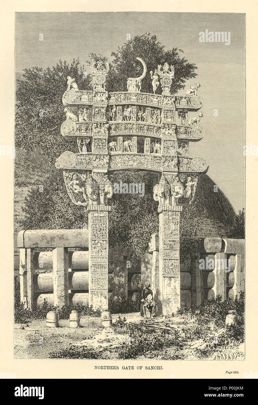 Nördliche Tor von Sanchi, holzstich von E.Therond, 1878 Stockfoto
