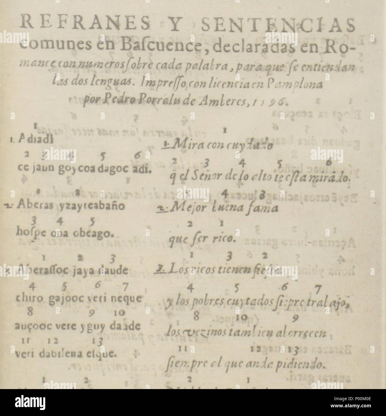 . Englisch: Baskische Sprichwort ab 1596. Vorderseite. Nur Exemplar wurde im 2.Weltkrieg verloren, aber vorherige Fotos wurden gespeichert. 87 Refranes y azala Sentencias (1596) Stockfoto
