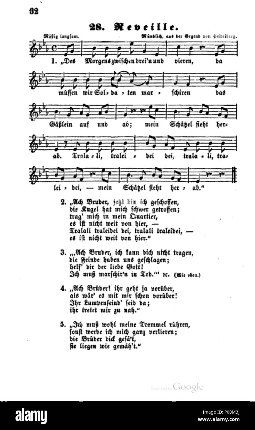 Englisch: eine Version des Songs mit seiner Melodie aus dem Song Book von  L. Erk (1838) 88 Reveille (deutschen Volkslieder, Erk, 1838 sterben  Stockfotografie - Alamy