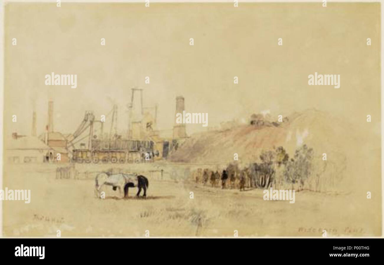 . Englisch: Querformat von Wideopen Colliery. (Bild aus dem frühen 19. Jahrhundert) Notizen über das Bild einer geätzten Version dieses Aquarell in: Haar, T. H., 1969, Skizzen der Kohlegruben in Northumberland und Durham (2. ed.), Frank Graham, Newcastle upon Tyne, s. 24 gefunden werden kann. Strukturen identifiziert Fawdon Wagonway ([NICHT VORHANDEN], Fawdon NEWCASTLE UPON TYNE), STEIGUNG WICKLUNG MOTOR, schiefe Ebene, WAGONWAY Wideopen Colliery ([NICHT VORHANDEN], NORTH TYNESIDE), Zeche, Sägewerk, Lüftung Schornstein, WICKLER HAUS. 19. Unbekannt 106 Wideopen Colliery Stockfoto