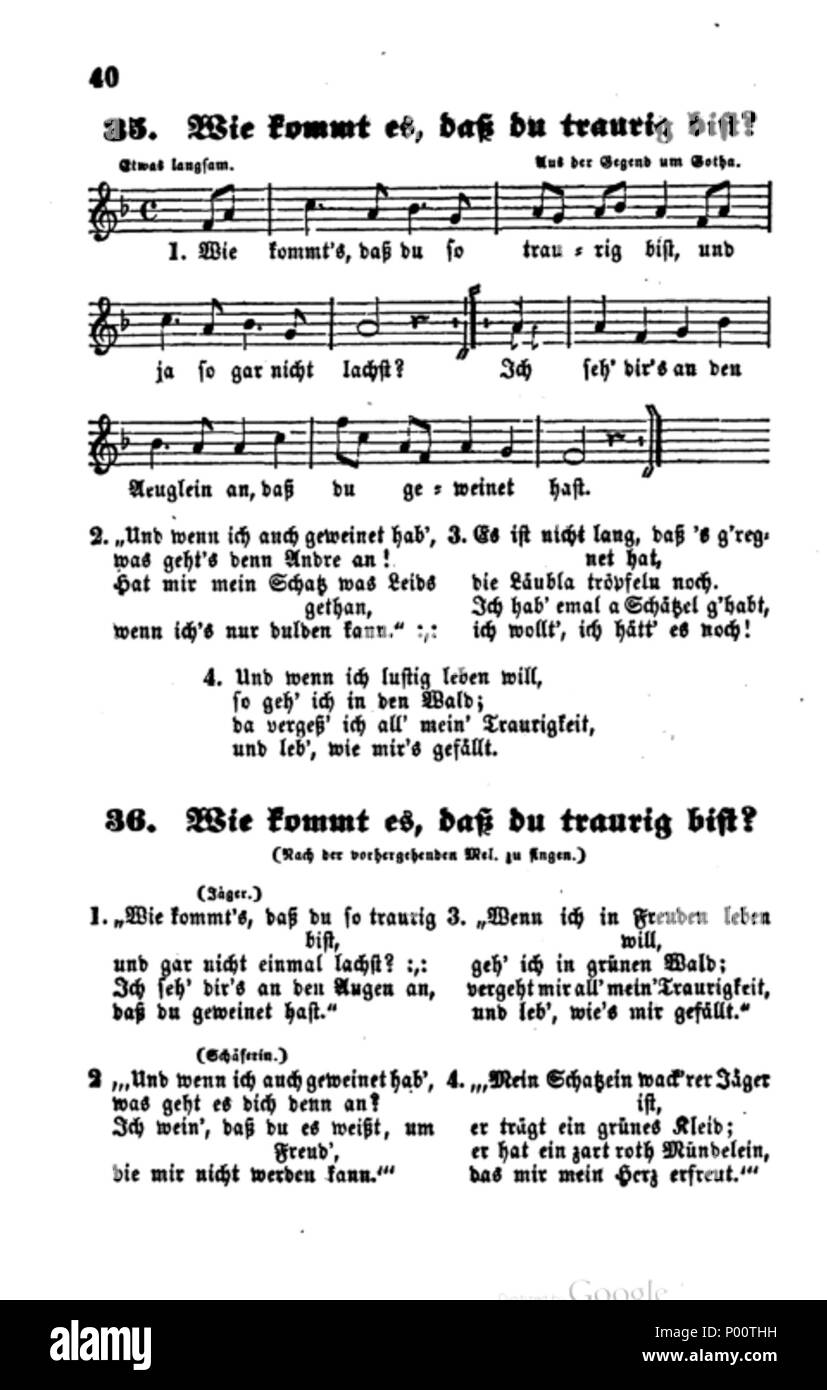 . Englisch: eine Version des Songs mit seiner Melodie aus der L. Erk song Buch 'Die deutschen Volkslieder" (1838). 106 Wie kommt es, dass du traurig bist (deutschen Volkslieder, Erk, 1838 sterben) Stockfoto