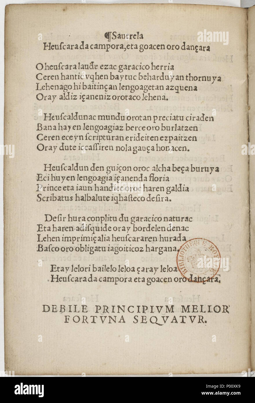 . Englisch: Sautrela Poema, Bernart Etxeparerena, Linguae Vasconum Primitiaeko azken olerkia. 10. Oktober 1545. Bernart Etxepare 91 Sautrela - etxepare Stockfoto