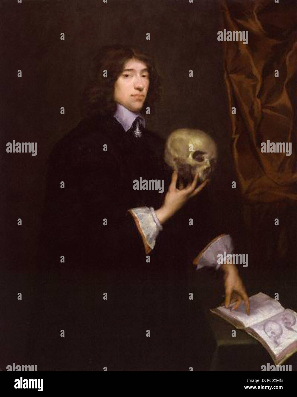 . Sir William Petty (1623-87) stellt in diesem Gemälde. Er hält einen Schädel in seiner rechten Hand, während seine linke Hand auf Platte 3 von Adriaen van der Spiegal De Humani Corporis Fabrica [Auf dem Gewebe des menschlichen Körpers] ruht (1627). von Isaac Fuller, Malerei, ca. 1649-1650 94 SirWilliamPetty Stockfoto