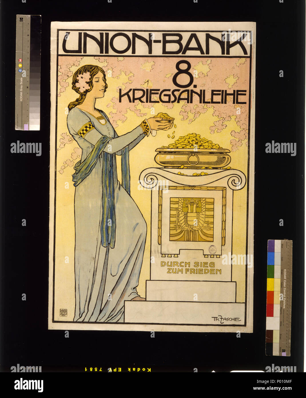 . Русский: В годы Первой мировой войны все в ней участвовавшие страны использовали плакаты как средство мобилизации усилий своего населения, направленных на выполнение военных задач страны. Данный плакат, выпущенный в Вене в 1918 году, рекламирует восьмой военный заем, объявленный Австро-Венгрией - главным военным союзником Германии. На нем изображена молодая женщина, приносящая чашу, наполненную монетами, на алтарь, украшенный гербами Австрии. Плакат нарисовал Томас Фаш. Он был автором нескольких плакатов времен Первой мировой войны, хотя мало что о нем известно. Алтари; Монеты; Облигации и Stockfoto