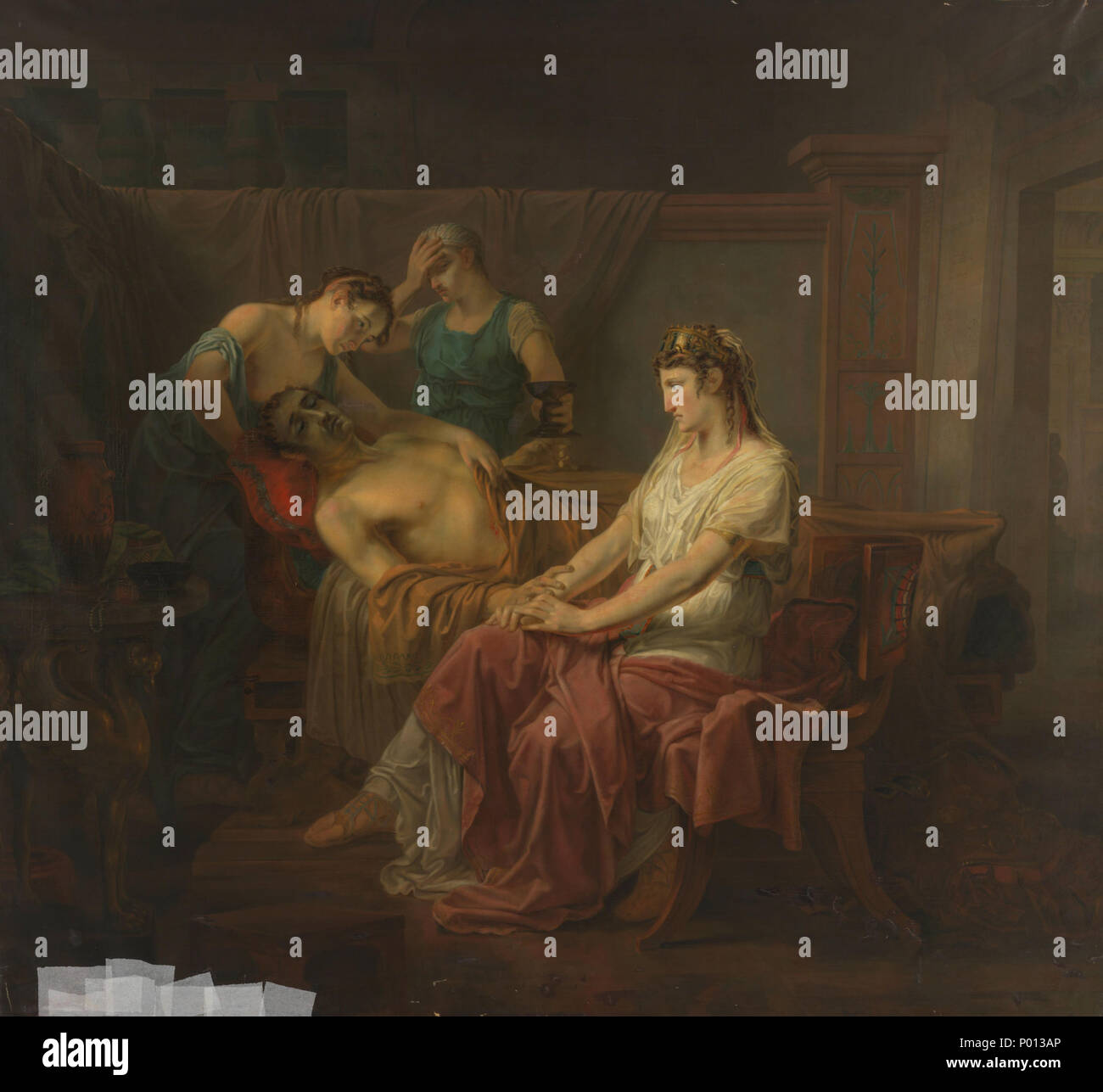 . Deutsch: De gewonde dodelijk Marcus Antonius bij Cleopatra. Öl auf Leinwand. 238 × 263 cm (93.7 x 103.5 in.) Amsterdam, Rijksmuseum Amsterdam. . Zwischen 1823 und 1825. Louis Moritz (1773-1850) Alternative Namen L. Moritz; L. Morits; Moritz Beschreibung niederländische Maler und Zeichner Geburtsdatum / Tod 29. Oktober 1773 22. November 1850 Ort der Geburt / Tod Den Haag Amsterdam arbeiten Zeitraum zwischen ca. 1788 und ca. 1850 Arbeiten Ort Den Haag (ca. 1793-1810), Amsterdam (1810-1847), Leiden, Amsterdam Authority control: Q 16062256 95750795 ULAN VIAF:?:?: 49311 500011463 BPN? Stockfoto