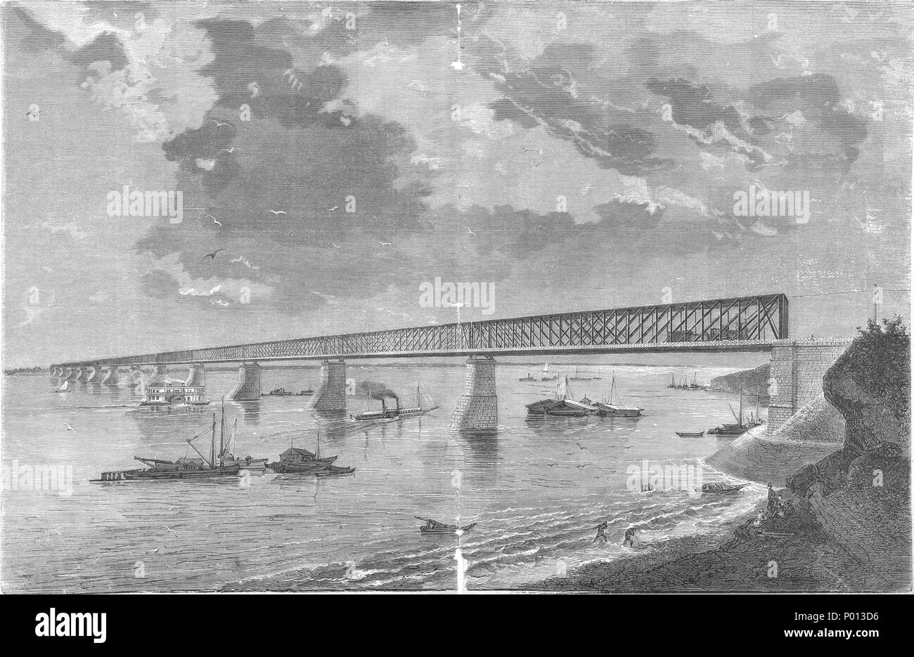 . Englisch: Alexandrowskiy Syzranskiy Bridge (Brücke) nach seiner Eröffnung im Jahre 1880 Русский: Сызранский (Александровский) мост через Волгу после открытия его в 1880 году. Гравюра. . 1880. Foto von N. Karazin, Kupferstich von M. Rashevskiy 8 Alexandrowskiy Die meisten view Stockfoto